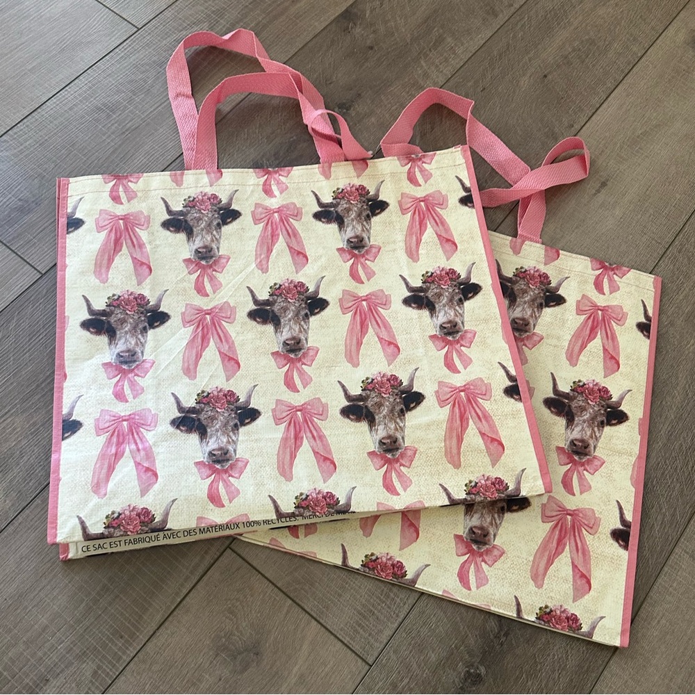 Homegoods TJMaxx Marshalls Coquette Cow Pink Bow Print Tote Bags Set of 2 NWOT